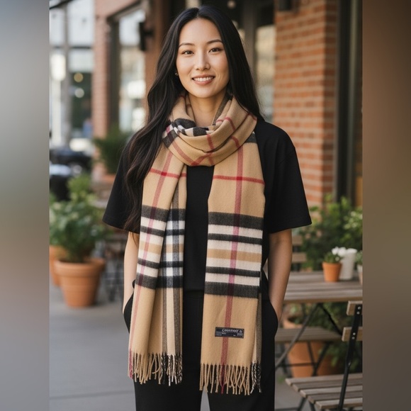 CASHMINK BY V.FRASS TAN & RED LARGE PLAID SCARF WRAP WITH FRINGE MADE IN GERMANY - Picture 1 of 5